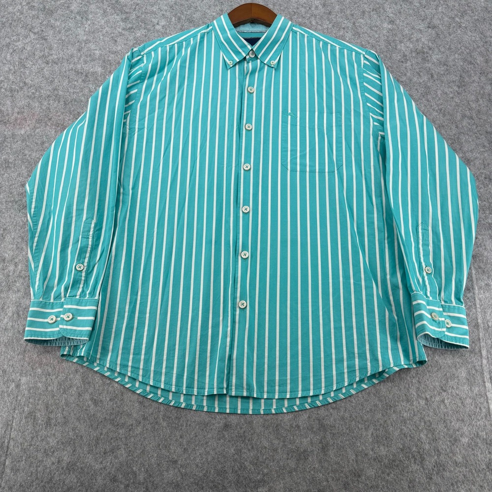 Tommy Bahama Mens Large Pima Cotton Striped Button Down Shirt Teal 164-T316006